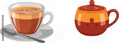 Coffee in glass cup and teapot illustration on white background