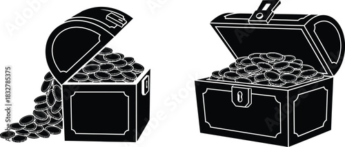 Two treasure chests overflowing with gold coins in black and white