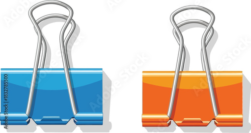 Two binder clips blue and orange office supplies on a white background