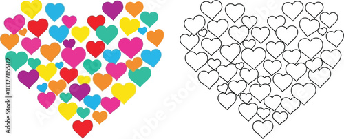 Colorful and outline heart shapes forming a larger heart illustration