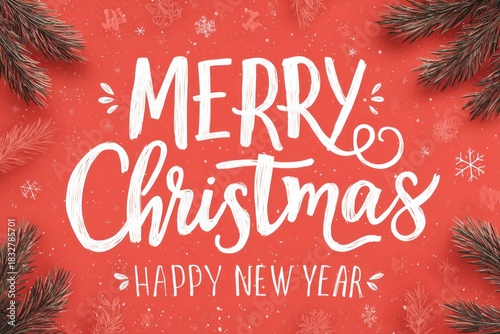 Merry christmas happy new year greeting card with pine branches and snowflakes