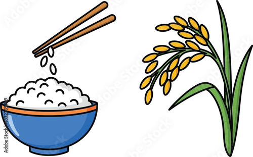 Bowl of rice with chopsticks and rice plant illustration