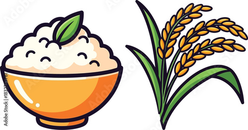 Bowl of rice with green leaf and rice plant illustration on white