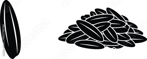 Hand drawn illustration of sunflower seeds single seed and a pile