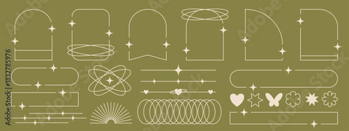 Set of aesthetic, minimalist line art frames and borders featuring arches, geometric shapes, and text dividers embellished with sparkles and stars