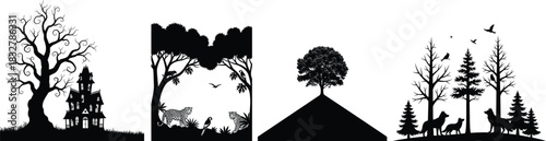 Silhouette of forest scenery with wolves deer and birds in black and white