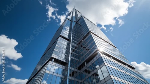 Modern skyscraper exterior against a bright blue sky with fluffy white clouds architectural details