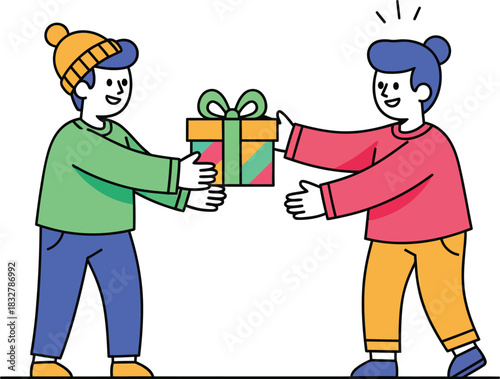 A cartoon character in a green sweater and beanie gives a colorful wrapped gift to a happy surprised friend.