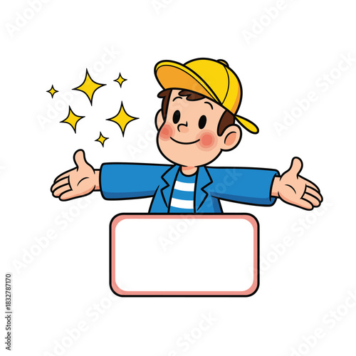 A cheerful cartoon boy in a yellow cap with open arms presenting a blank sign.