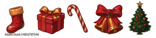 Festive Illustration Pack Including Tree Bells Socks Gifts