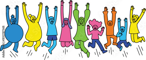 A diverse group of brightly colored stylized cartoon people jumping for joy with arms raised.