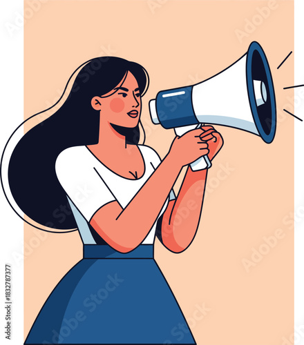 A determined woman with long dark hair shouting into a blue and white megaphone flat illustration style.