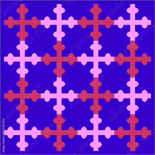 Intersecting crimson and pink nodes form a rhythmic lattice across a deep violet field, creating a vibrant, pulsing geometric pattern.