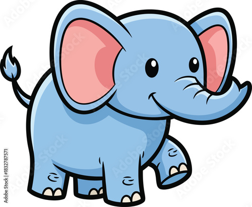 Adorable light blue cartoon baby elephant walking with a cheerful smile and big pink ears.