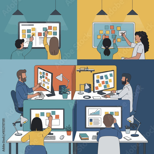 Collection of office scenes showing teamwork and project management.