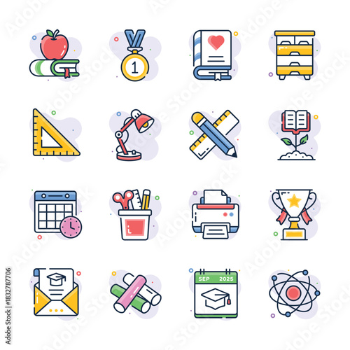 Creatively crafted school and education flat outline icons set