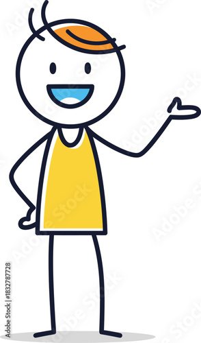 Cheerful handdrawn stick figure boy with orange hair and a yellow shirt in a welcoming presentation pose.