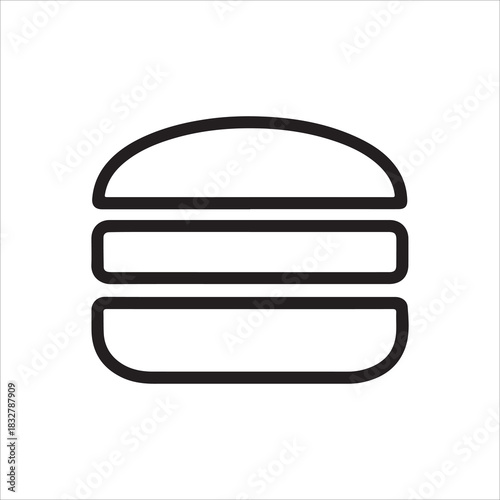 Simple black and white outline icon representing a hamburger or cheeseburger, , perfect for food app design or menu graphic