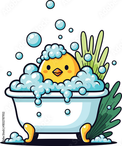 Cute yellow cartoon chick enjoying a relaxing bubble bath in a white clawfoot tub with suds on its head.