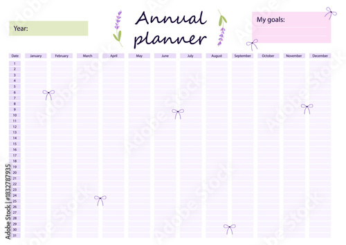 Annual vector planner with layout for year overview, monthly tracking and personal goals. Design for productivity, organization, self-care planning, digital planners, printables, stationery