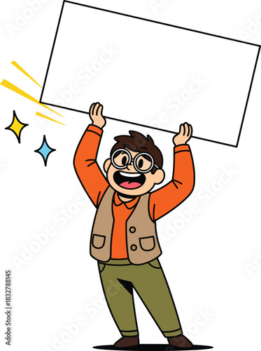 Enthusiastic cartoon boy with glasses and a vest joyfully holding a large blank sign overhead.