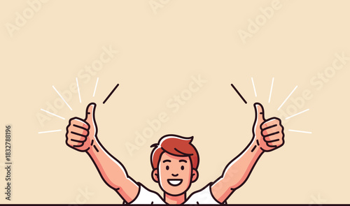 Enthusiastic young man in a white shirt giving a positive double thumbsup sign.