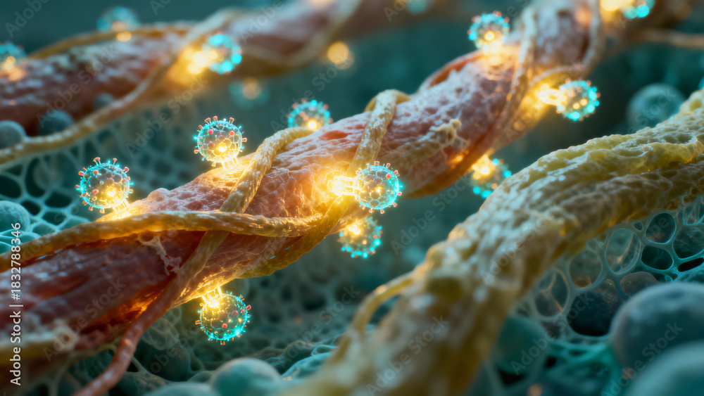 Naklejka premium Intricate Microscopic View of Bacterial Structures with Glowing Viral Particles