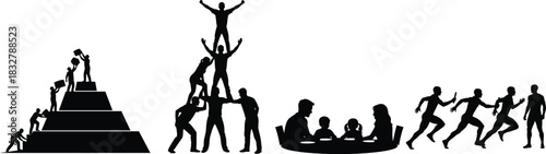 Silhouette of people working together to achieve success and celebrate victory