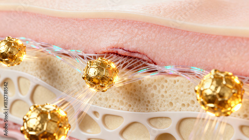 Microscopic View of Skin Layers with Gold Particles and Light Effects for Science