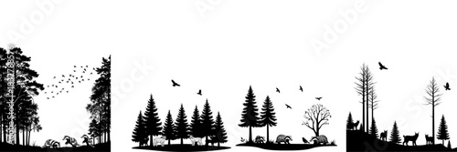 Monochrome forest silhouette with flying birds and varied tree types