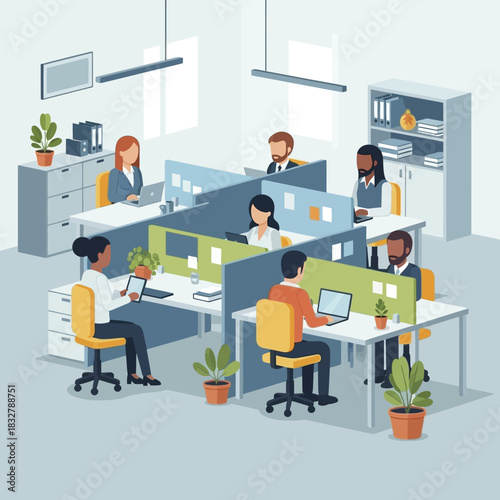 Diverse professionals collaborating in a modern open-plan office environment.