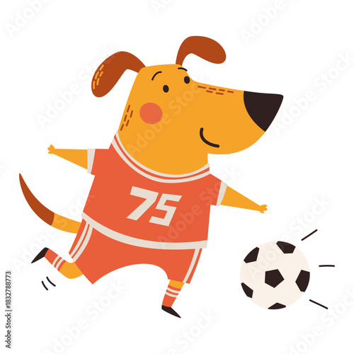 A cute dog playing soccer in a soccer uniform. Vector illustration in a simple children's style, white background. Vector illustration