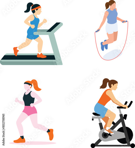 Set of women exercising on gym equipment and jumping rope.