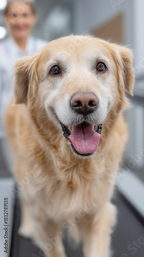 Golden retriever on treadmill for canine gait analysis in veterinary clinic setting
