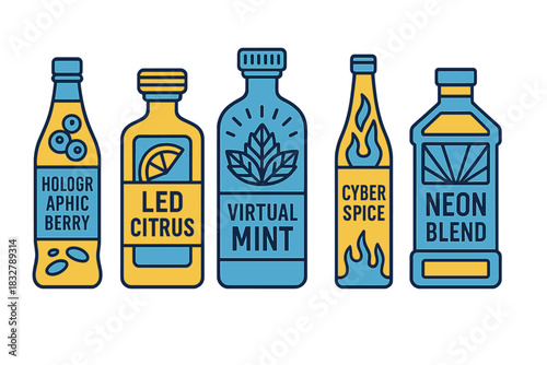 Unique beverage labels featuring vibrant colors and futuristic designs on assorted bottles