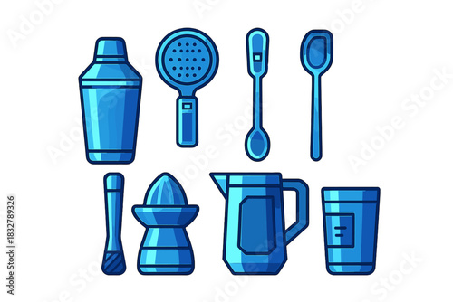 Various blue barware tools and utensils arranged on a white background for cocktail making and food preparation