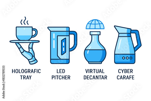 Innovative drinkware designs featuring holographic tray, LED pitcher, virtual decantar, and cyber carafe for modern kitchen use