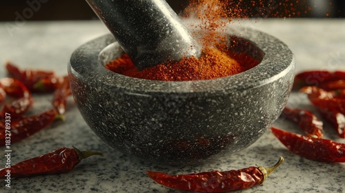 Fototapeta Naklejka Na Ścianę i Meble -  Mortar pestle grind dried chilies into vibrant red powder with spice dust dispersing mid-air dynamic kitchen action culinary preparation