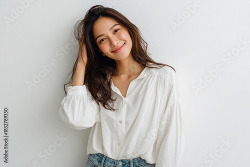 Casual asia woman smiling face waist up infront of white bacground