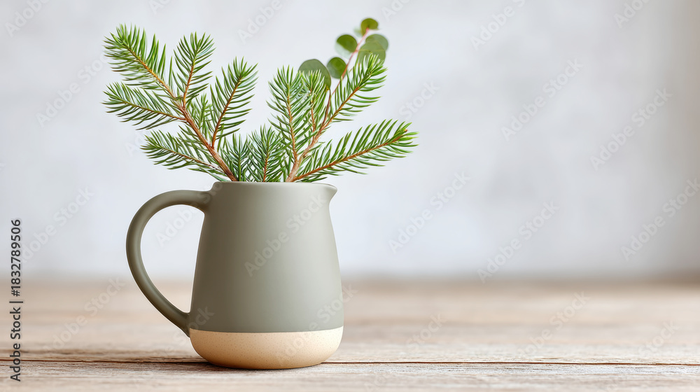 Fototapeta premium Rustic ceramic jug with fir branches and eucalyptus leaves on wooden surface