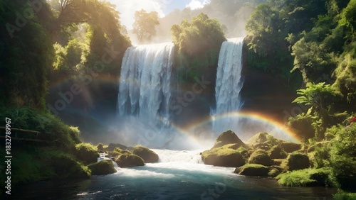Majestic Waterfall Cascading Into a Serene River With a Rainbow in a Lush Green Landscape at Dawn