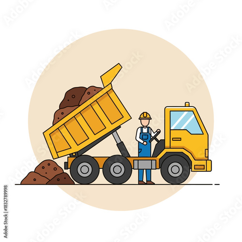 Illustration showcasing construction worker operating a dumper truck at worksite for earthmoving