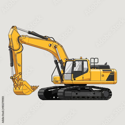 Detailed construction vehicle illustration showcasing excavating machine with prominent mechanical