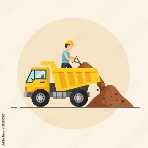 Illustration of a construction worker operating a dump truck transporting soil