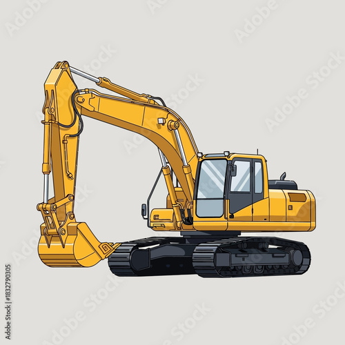 Illustration of a yellow excavator with intricate detailing against a muted background