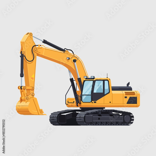Vibrant yellow excavator illustration against neutral background conveying construction and