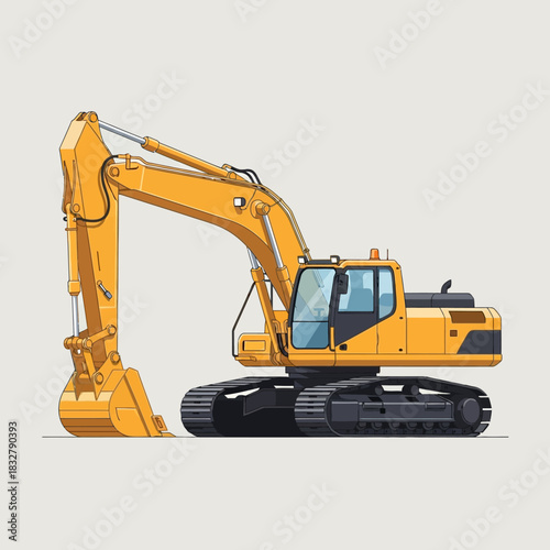 Detailed vector illustration of a heavy construction excavator in a bright yellow color scheme