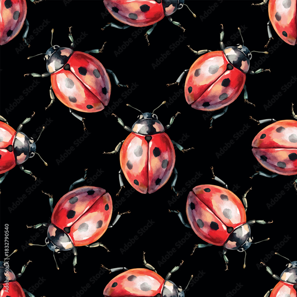 Fototapeta premium Red Bug Ladybug Insect Hand Painted Watercolor Vector Seamless Pattern