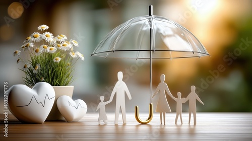 Family paper figures under umbrella symbolizing health insurance protection
