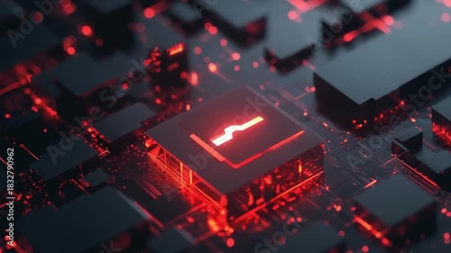 Futuristic Microchip Technology with Glowing Red Light and Complex Design